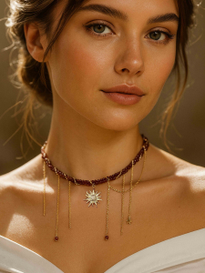 Double necklace with garnet stone with chains and sun 5610