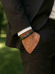 Men's bracelet made from jade, cabamba, and Dzi stones by Lebijou. Item code: 4897.