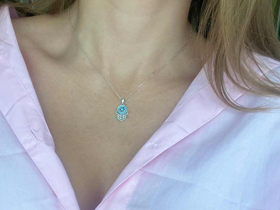 Hamsa-Anhänger-Halskette (925 Silber) Hand der Fatima D4715