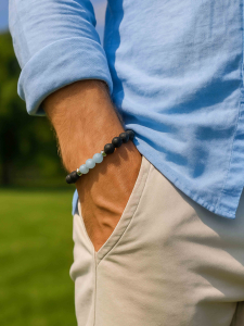 Men's bracelet made from lava stone and aquamarine 4681 by Lebijou