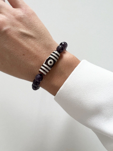 Woven amethyst bracelet with three eye Dzi 4690.