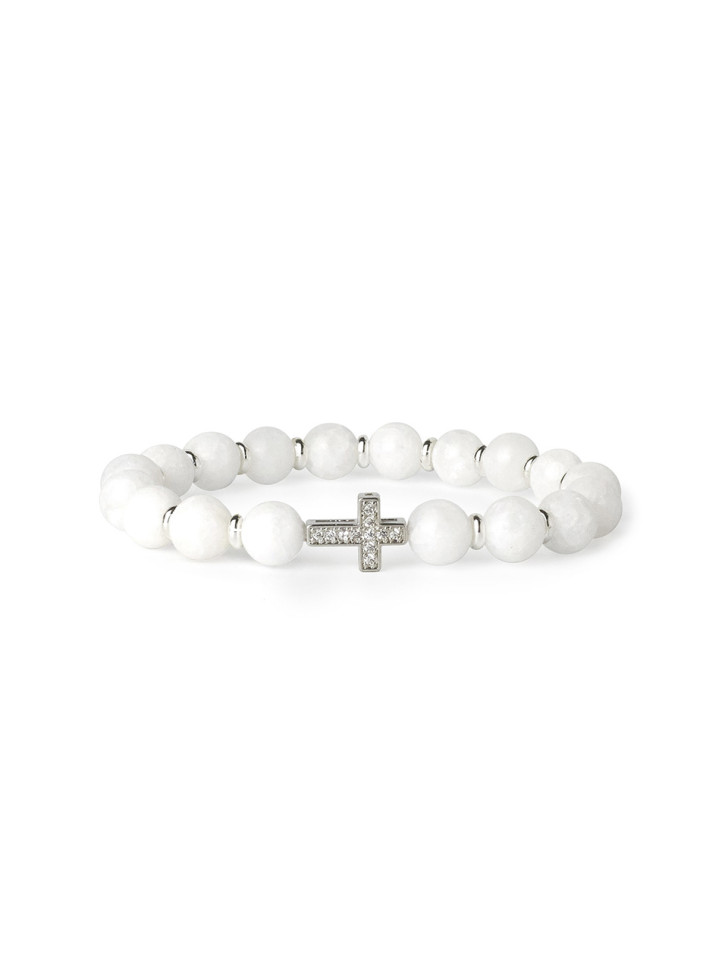 Armband aus weißem Jadeit mit Kreuz D5033