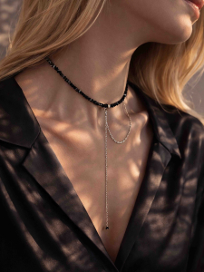 Lebijou Black Crystal Tie Necklace in Silver 5612