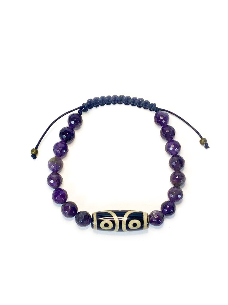 Geflochtenes Armband aus Amethyst und dreifäugiger Dzi-Perle D4690