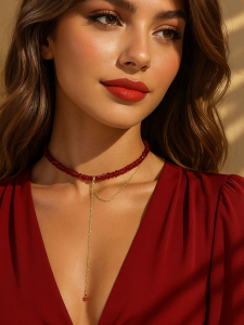 Red choker necklace with chain 5627