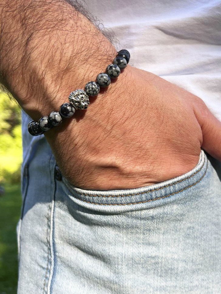 Herrenarmband aus Obsidian mit Löwe D4711