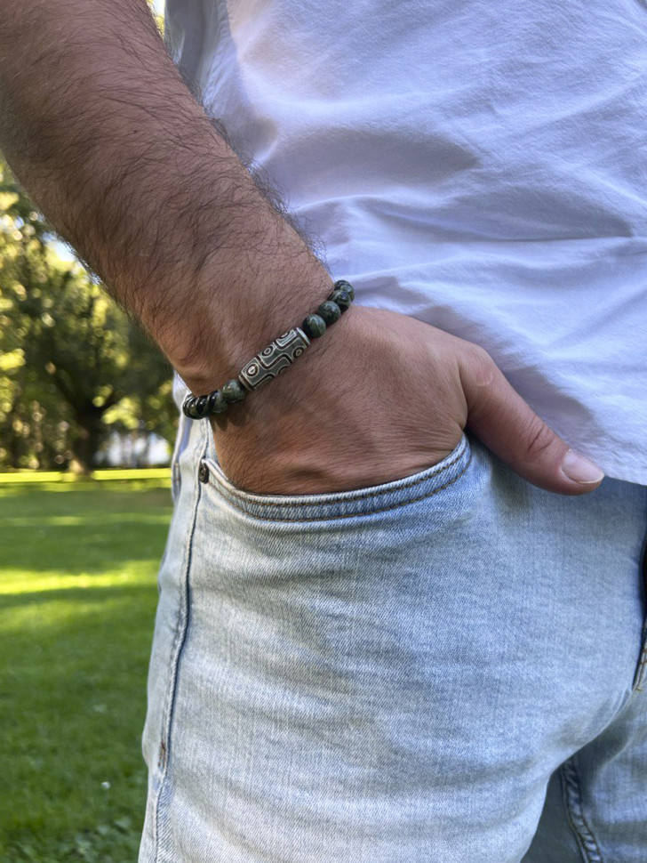 Herrenarmband aus Jade, Kambaba und Dzi-Perle D4897