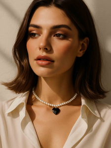 Black and white mother-of-pearl choker with a heart design 5257.