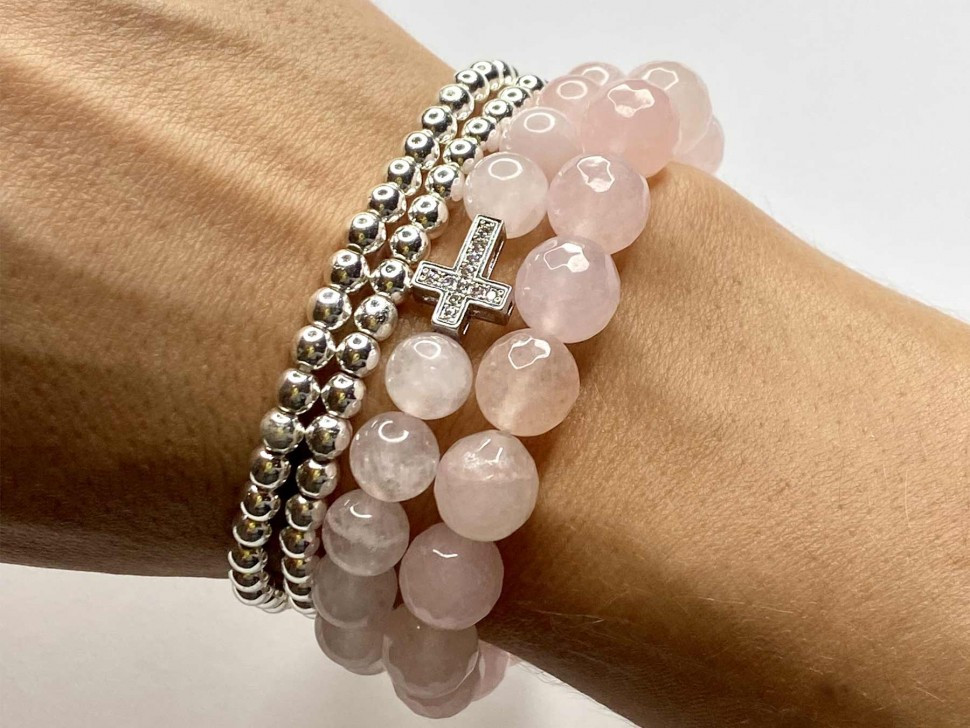 Armbandset aus natürlichen rosa Quarzsteinen D4907