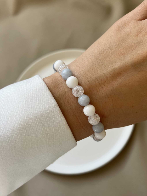Bracelet made from natural stones: aquamarine, crystal, jade 4849