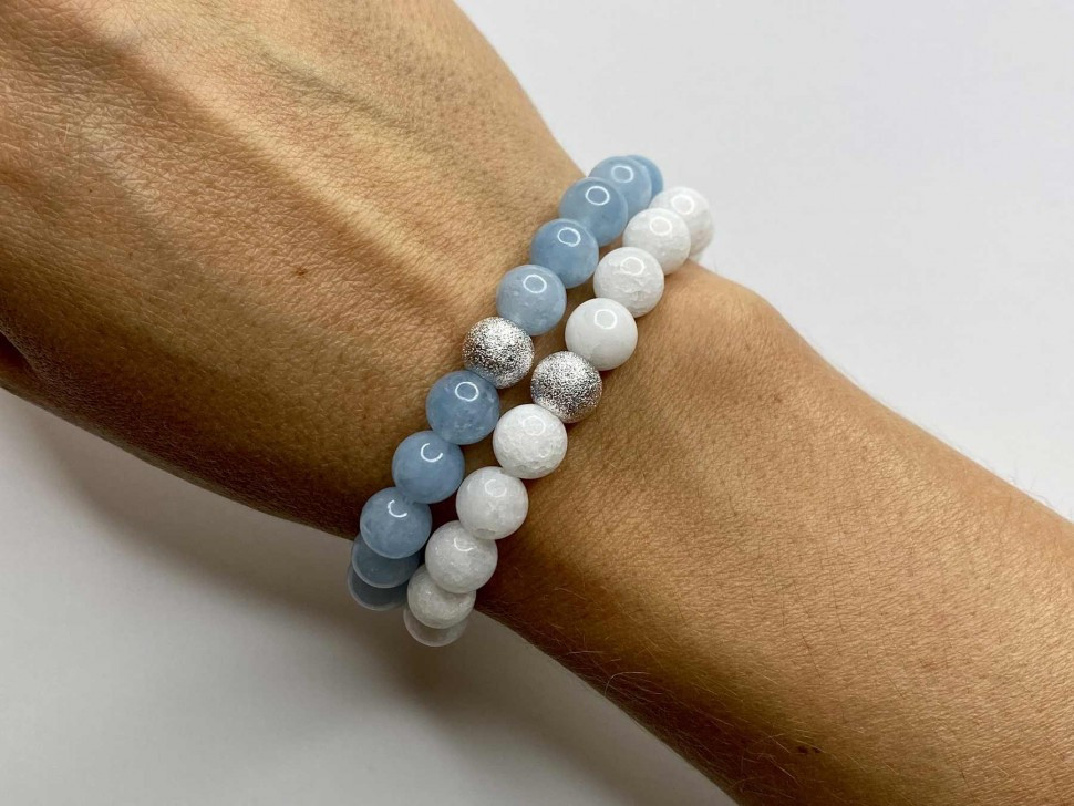 Aquamarin-, Jadeit- und Silber-Paararmbänder D4597