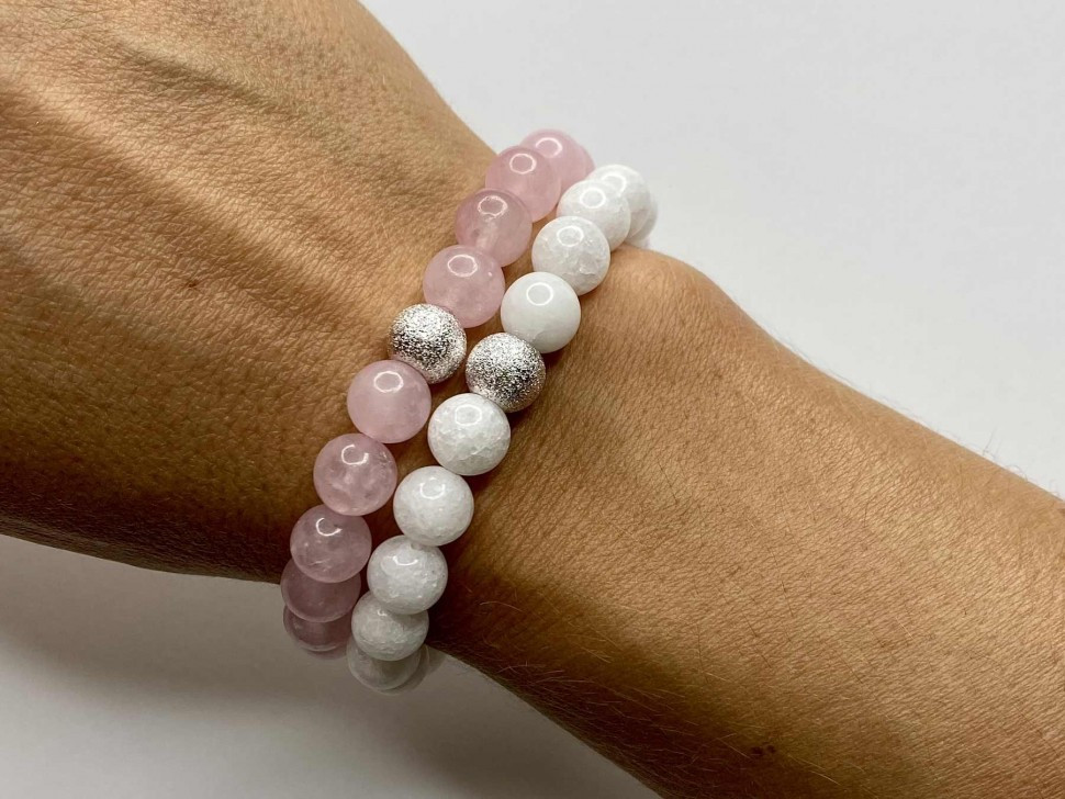 Paararmbänder aus weißem Jadeit, rosa Quarz, Silber D4610