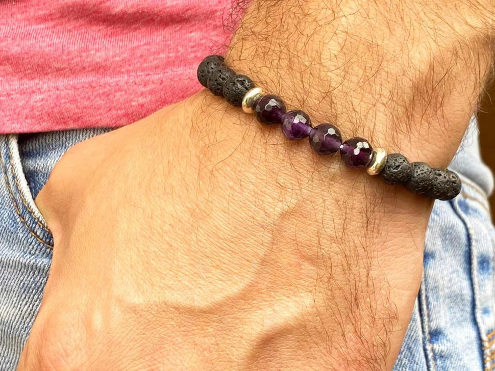Herrenarmband aus vulkanischer Lava und Amethyst D4678