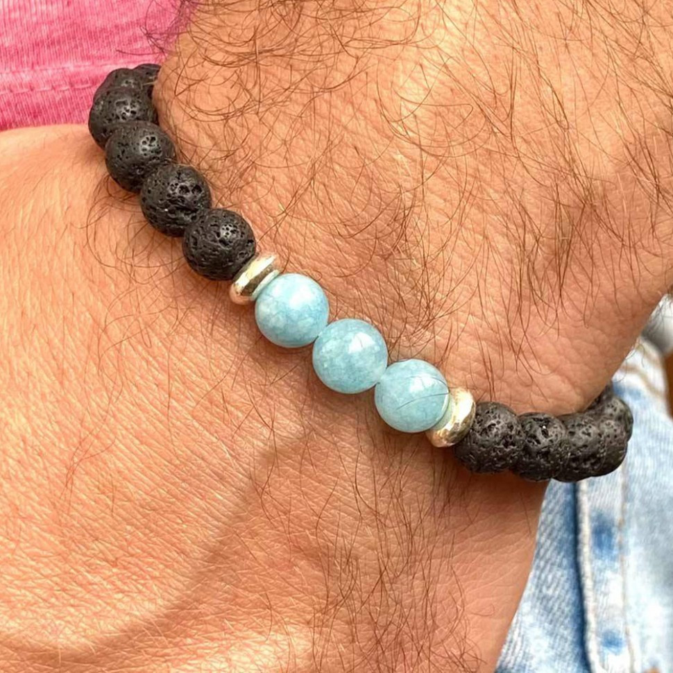 Herrenarmband aus Lavastein und Aquamarin D4681
