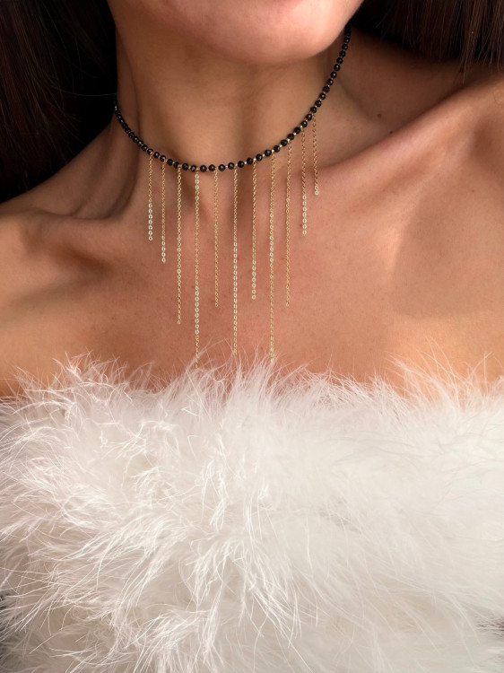 Black Spinel Choker Necklace with Chain Fringe 5795